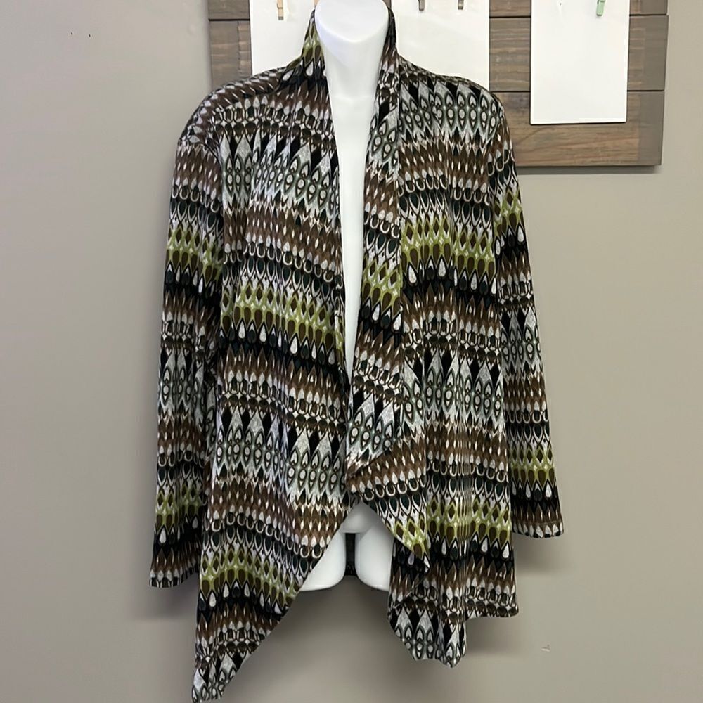 Susan Graver Aztec Native American Open Front Asymmetrical High Neck Cardigan-La